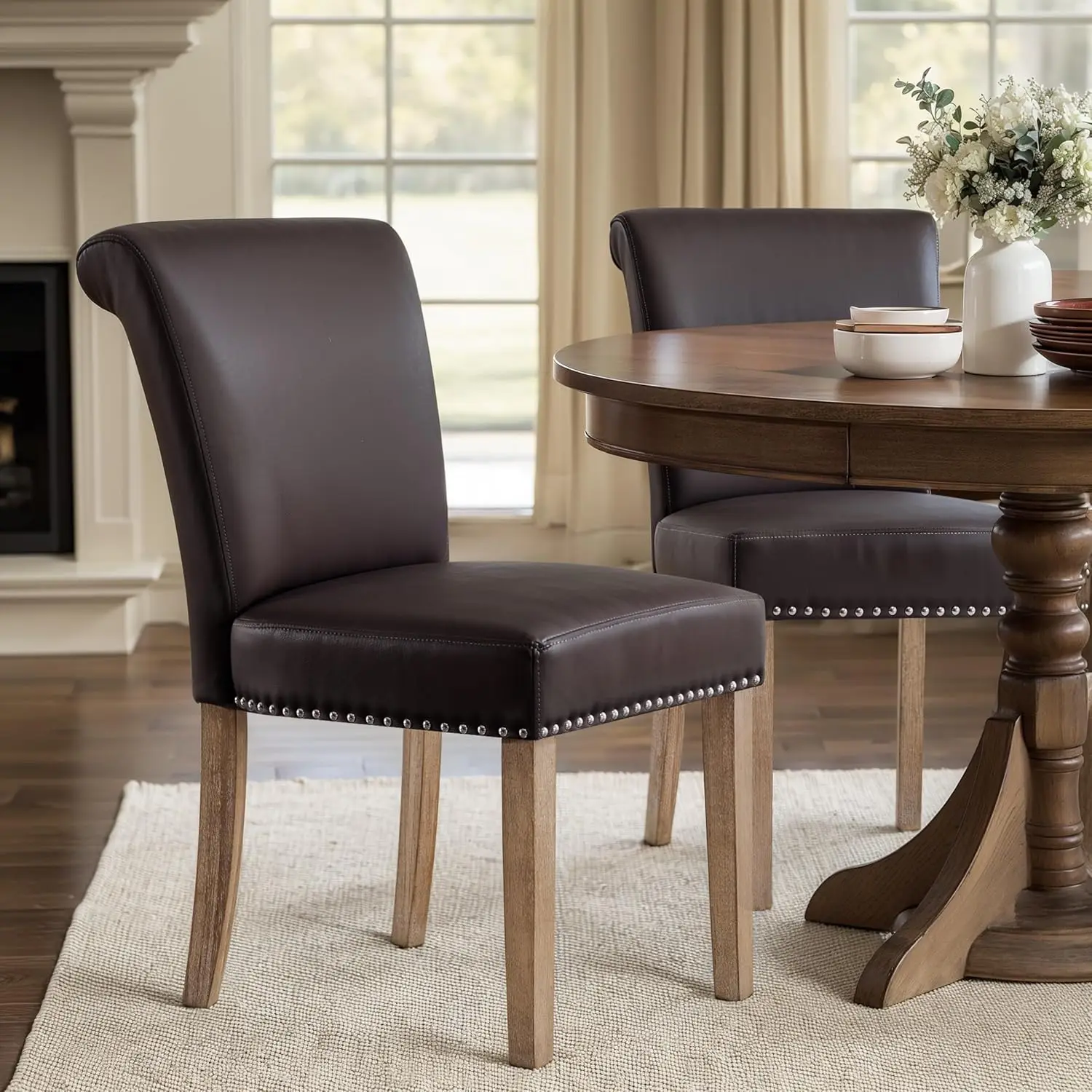 Dining Chairs Set of 2, Faux Leather Upholstered Dining Room Chairs with Nailhead Trim and Wood Legs, Mid Century Modern Parsons
Dining Chairs Set of 2, Faux Leather Upholstered Dining Room Chairs with Nailhead Trim and Wood Legs, Mid Century Modern Parsons