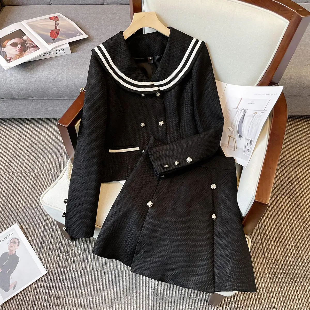 Women Elegant Vintage Black Suit Long Sleeve Jacket Coat Top And A Line Skirt Two Piece Set 2022 Winter Warm y2k Clothing
Women Elegant Vintage Black Suit Long Sleeve Jacket Coat Top And A Line Skirt Two Piece Set 2022 Winter Warm y2k Clothing