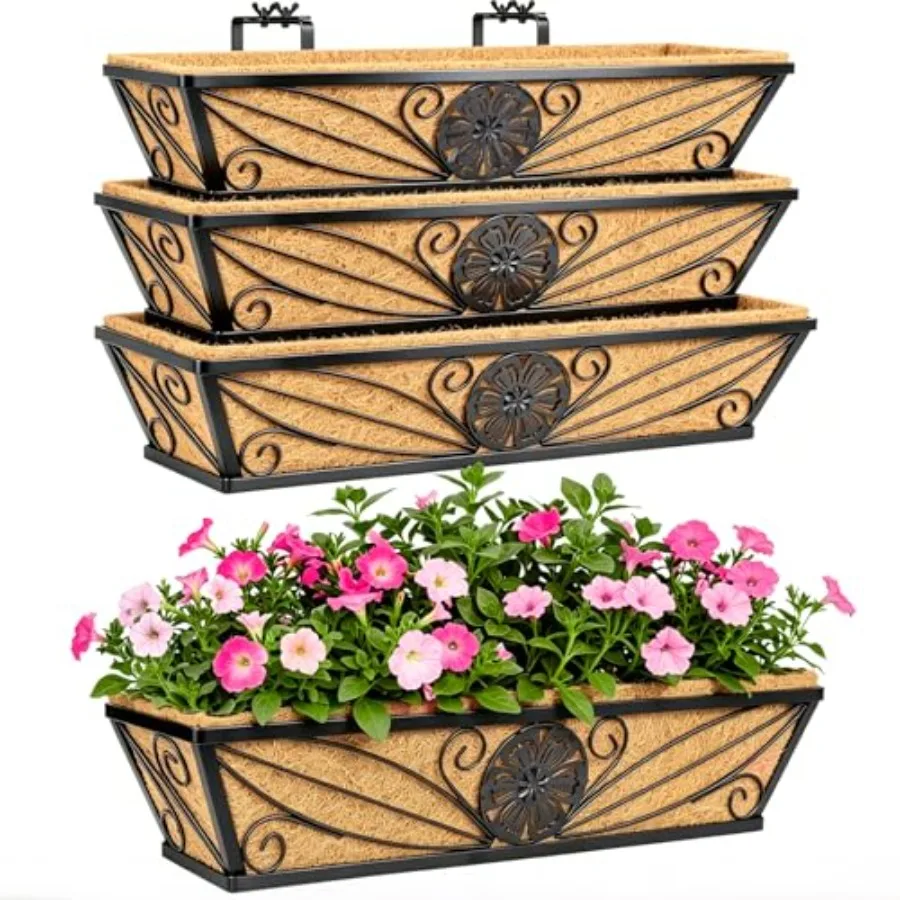 Pack Inch Railing Planter Boxes with Coco Liner, Floral Scroll Metal Window Box Planters for Outdoor Plants, Black Hanging Wind
Pack Inch Railing Planter Boxes with Coco Liner, Floral Scroll Metal Window Box Planters for Outdoor Plants, Black Hanging Wind