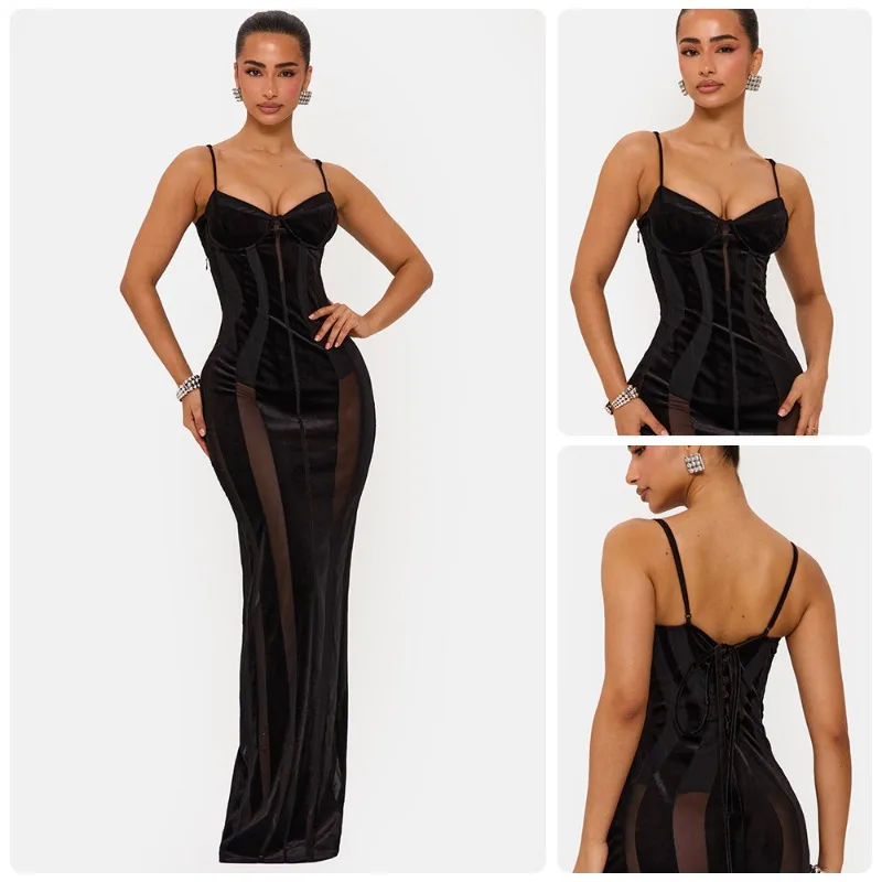 Women Black Velvet Sheer Maxi Dress Sexy Chic Mesh Patchwork Off-shoulder Waist Cinching Slim Maxi Dresses 2026 Club Party Gowns
Women Black Velvet Sheer Maxi Dress Sexy Chic Mesh Patchwork Off-shoulder Waist Cinching Slim Maxi Dresses 2026 Club Party Gowns