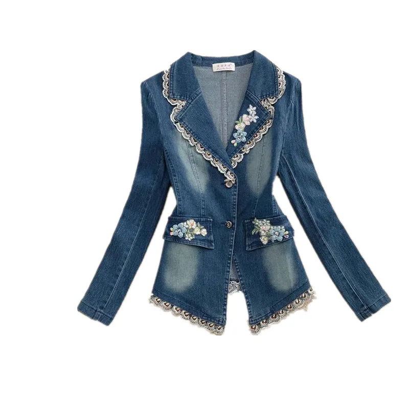 Spring Autumn Fashion Design Denim Coat Women Flower Flower Notched Collar Lace Patchwork Jeans Jacket Female Slim Clothes B1141
Spring Autumn Fashion Design Denim Coat Women Flower Flower Notched Collar Lace Patchwork Jeans Jacket Female Slim Clothes B1141