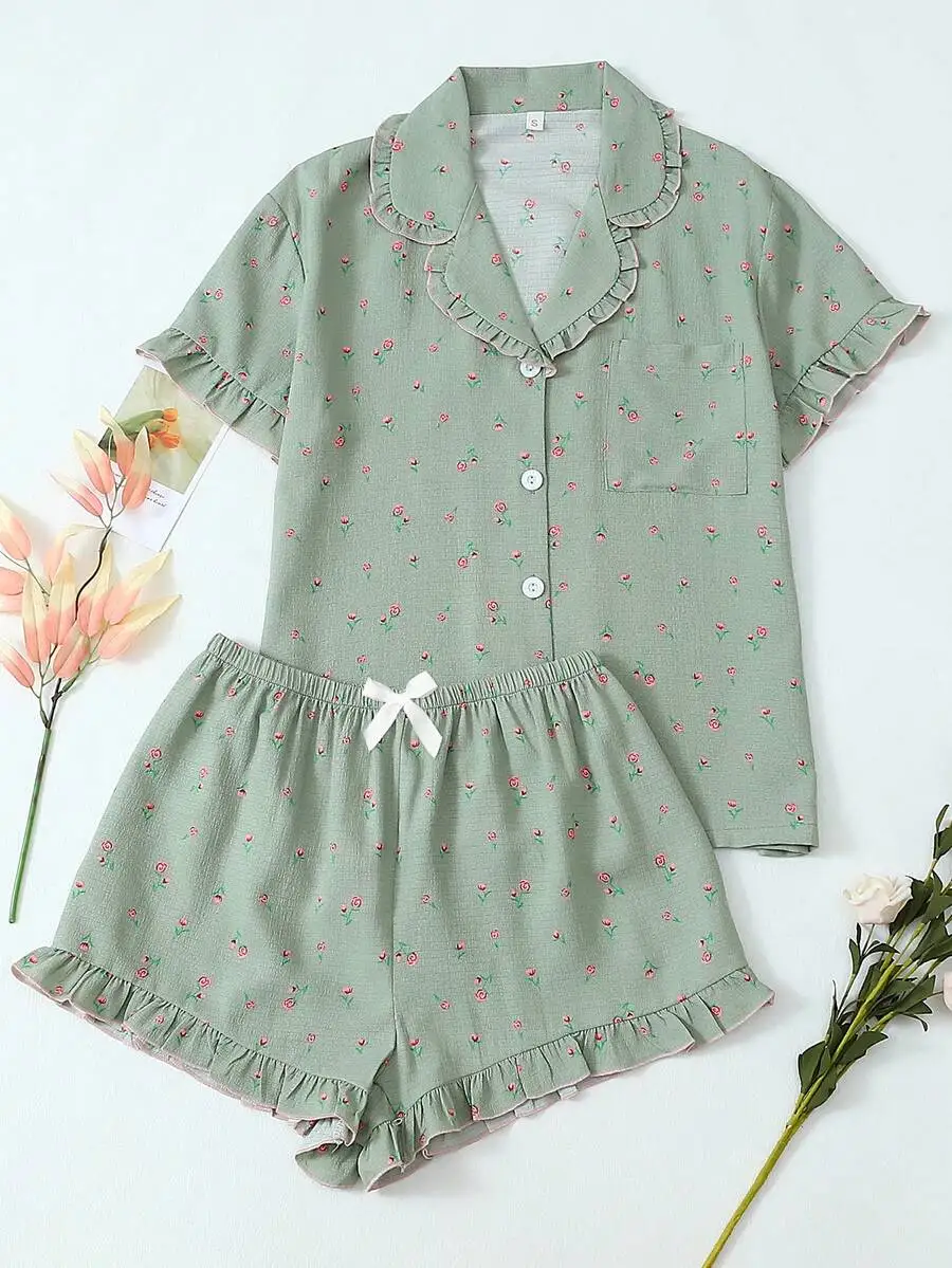 2pcs Women Floral Print Short Sleeve Collared Pajama Set With Pocket And Bow Detail
2pcs Women Floral Print Short Sleeve Collared Pajama Set With Pocket And Bow Detail