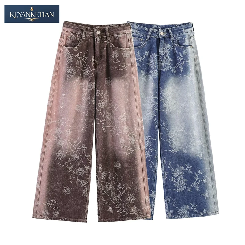 KEYANKETIAN Streetwear Chic Gradient Denim Wide Jeans Relaxed Fit High Rise, All Over Floral Print Sparkle Splash Detail Pants
KEYANKETIAN Streetwear Chic Gradient Denim Wide Jeans Relaxed Fit High Rise, All Over Floral Print Sparkle Splash Detail Pants
