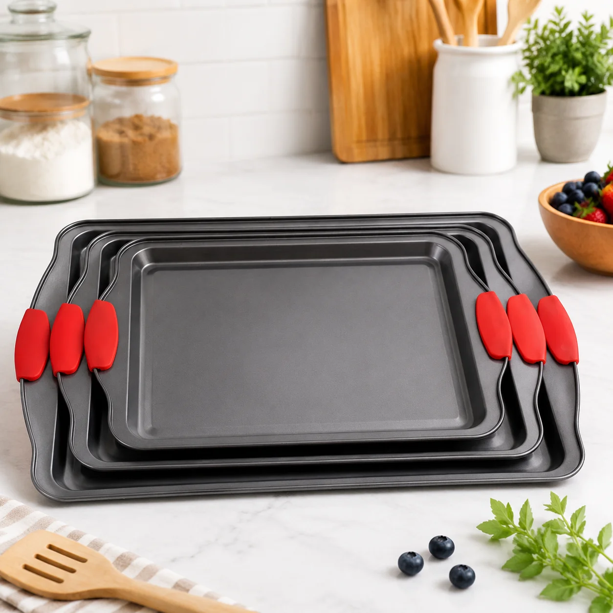Baking pan set with red silicone handle, premium carbon steel baking pan, dishwasher washable, baking utensils, suitable for
Baking pan set with red silicone handle, premium carbon steel baking pan, dishwasher washable, baking utensils, suitable for