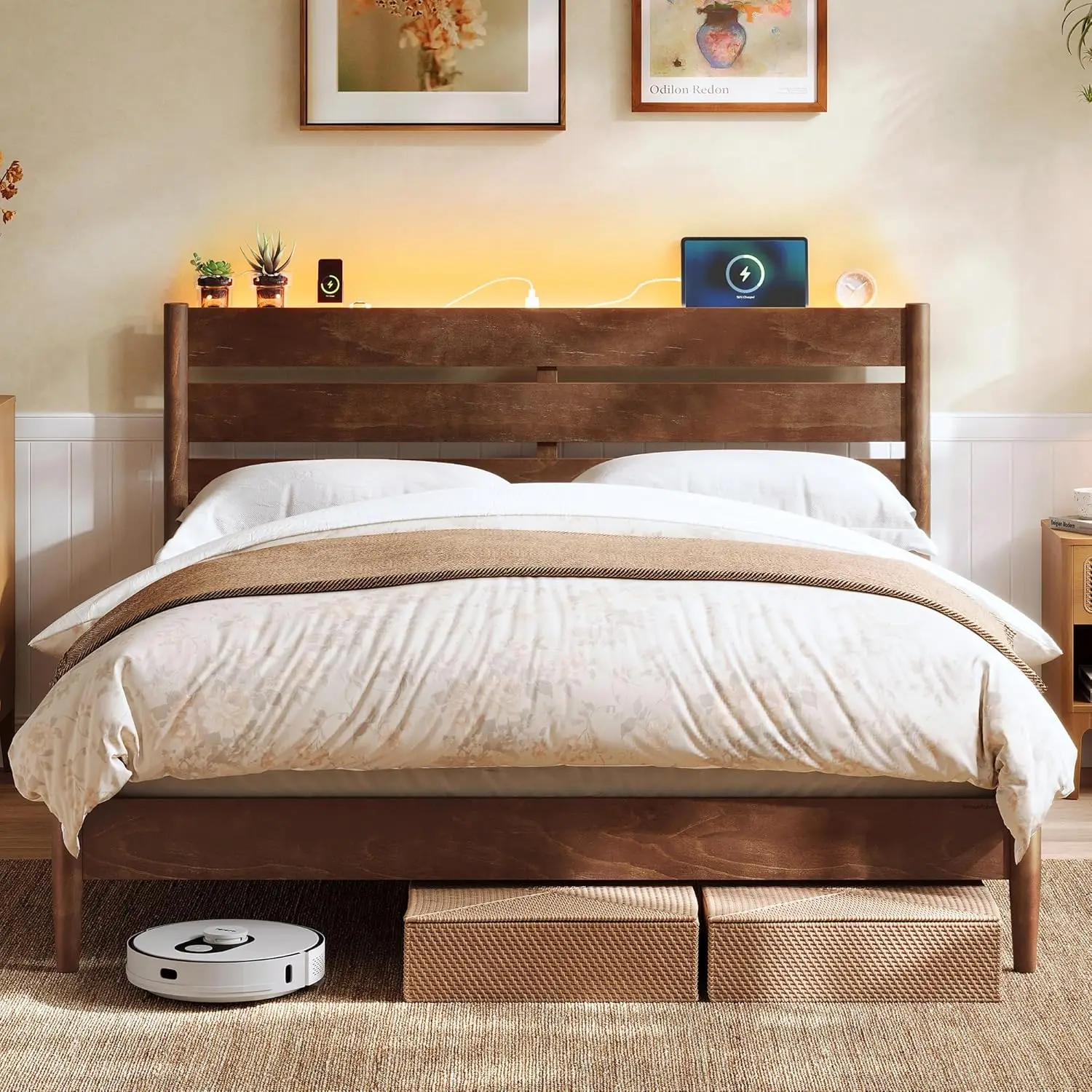 HOME Queen Bed Frame with Solid Wood Legs Slats, Platform Bed with Headboard, LED Lights, Charging Station, Mid-Century Modern S
HOME Queen Bed Frame with Solid Wood Legs Slats, Platform Bed with Headboard, LED Lights, Charging Station, Mid-Century Modern S