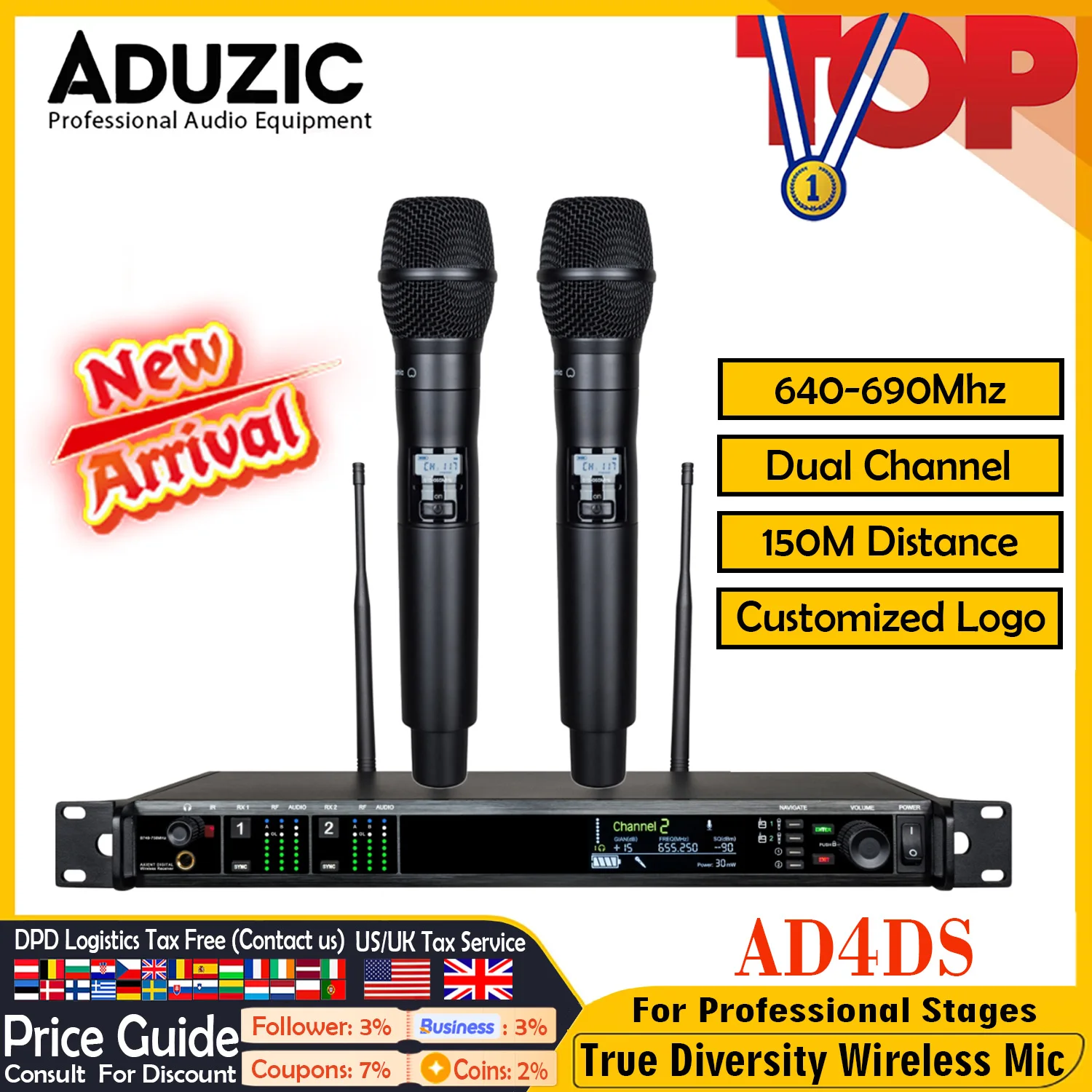 ADUZIC AD4DS True Diversity Microphones Wireless System Dynamic KSM9 KSM8 Stage Microfono Radio System For Microphone UHF 150M
ADUZIC AD4DS True Diversity Microphones Wireless System Dynamic KSM9 KSM8 Stage Microfono Radio System For Microphone UHF 150M