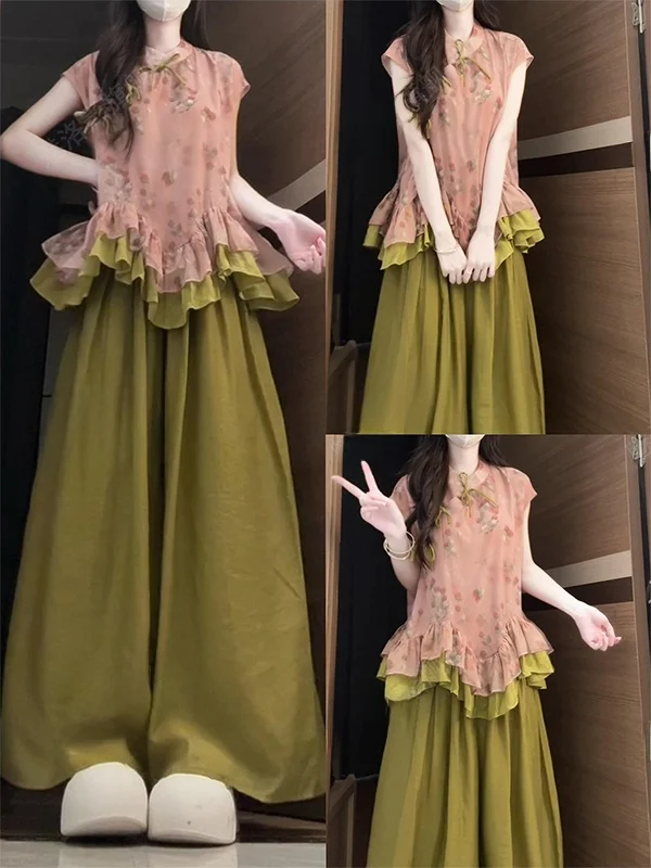 New Chinese Style Sweet Strawberry Print High Waist Wide Leg Pants Summer Two Piece Set with Lace Hem Top And Long Sleeve Blouse
New Chinese Style Sweet Strawberry Print High Waist Wide Leg Pants Summer Two Piece Set with Lace Hem Top And Long Sleeve Blouse