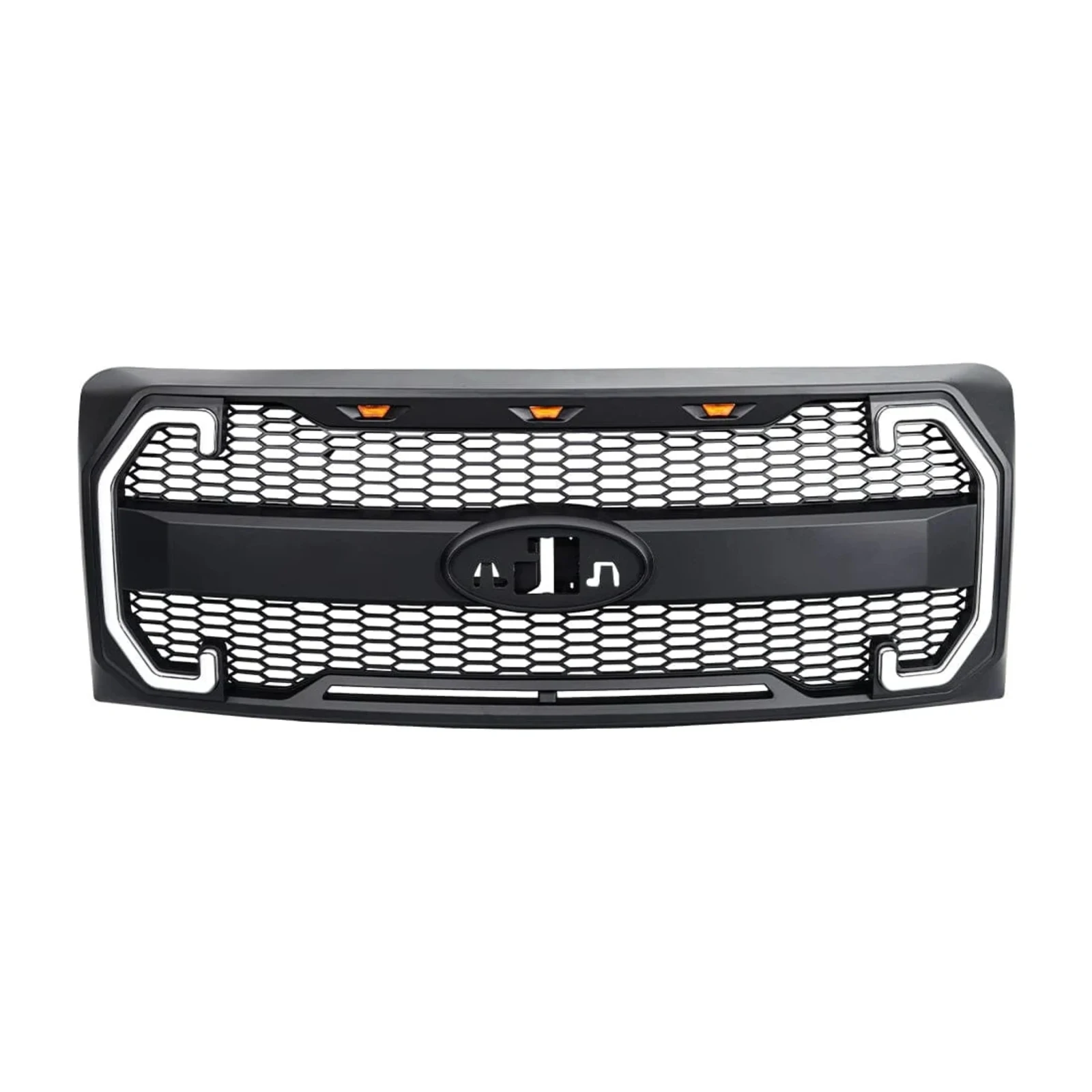 FOR 2009-2014 Ford F-150 Raptor-style grille with daytime running lights, turn signals 9L3Z-8200-BPTMOE and emblem bracket.
FOR 2009-2014 Ford F-150 Raptor-style grille with daytime running lights, turn signals 9L3Z-8200-BPTMOE and emblem bracket.