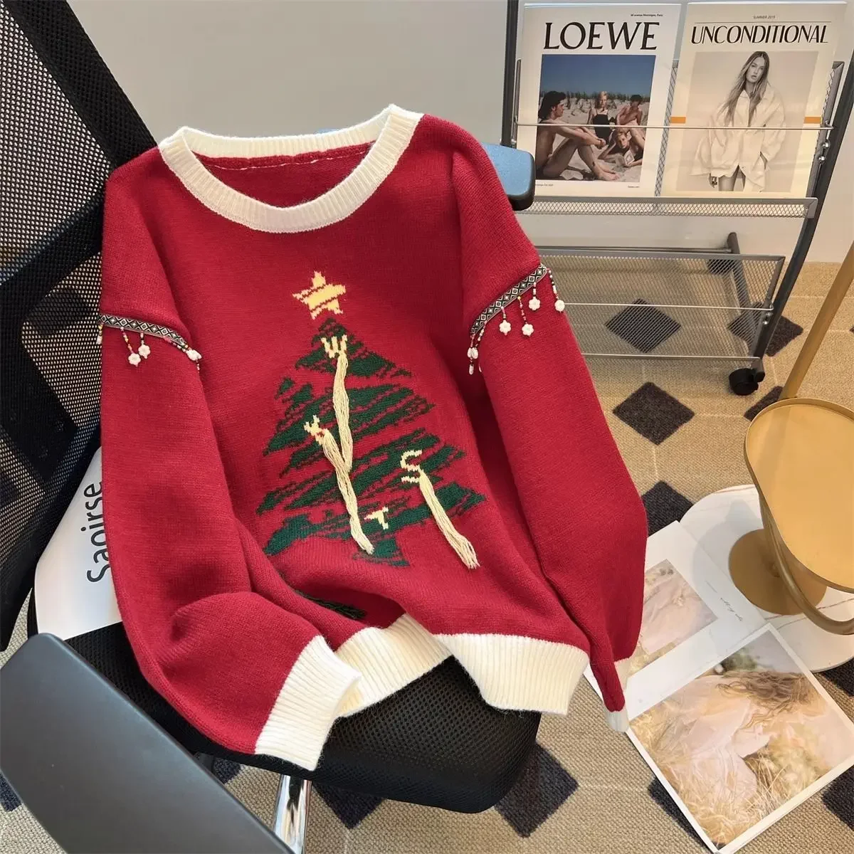 Autumn Winter Jacquard Knitted Pullover Clothes Vintage Knitted Sweater Christmas Tree Color Contrast Tassel Design Sweater
Autumn Winter Jacquard Knitted Pullover Clothes Vintage Knitted Sweater Christmas Tree Color Contrast Tassel Design Sweater
