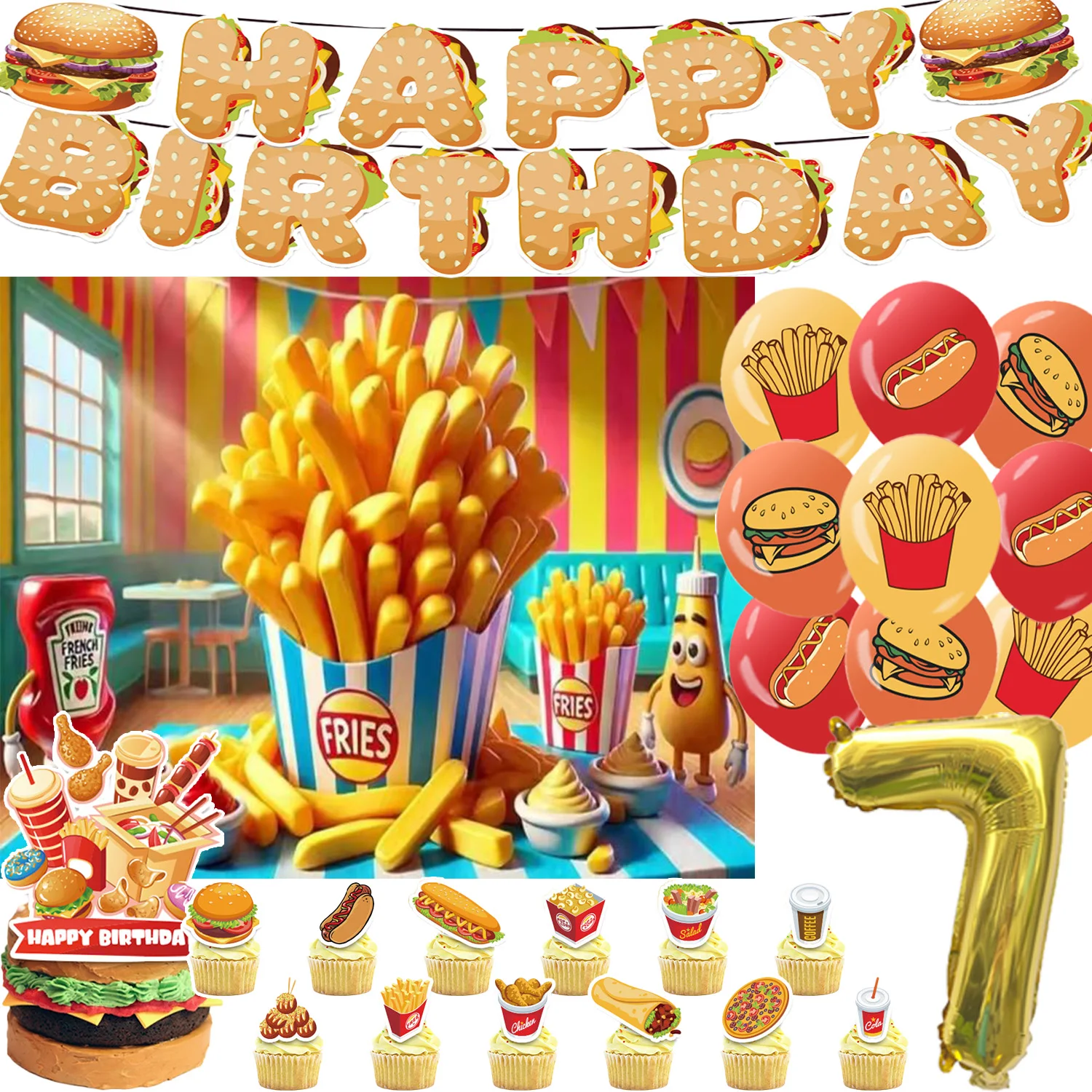Fast Food Themed Birthday Party Supplies Burger Fries Hot Dog Junk Food Banner Balloons Cake Toppers for Kids Party Decorations
Fast Food Themed Birthday Party Supplies Burger Fries Hot Dog Junk Food Banner Balloons Cake Toppers for Kids Party Decorations