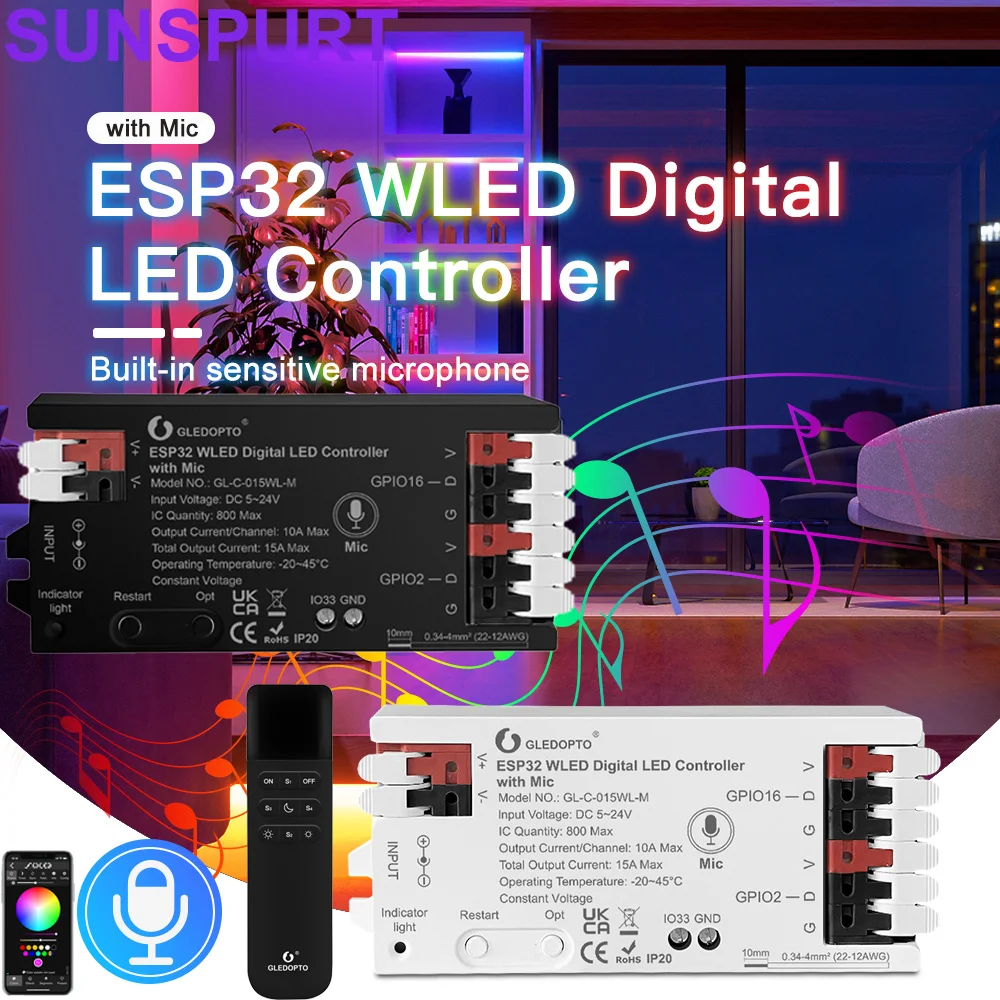 GL-C-014/15/16WL ESP32 WLED Controller with Microphone Addressable LED Controller for WS2812B SK6812 WS2811 TM1814 WS2813 WS2815
GL-C-014/15/16WL ESP32 WLED Controller with Microphone Addressable LED Controller for WS2812B SK6812 WS2811 TM1814 WS2813 WS2815
