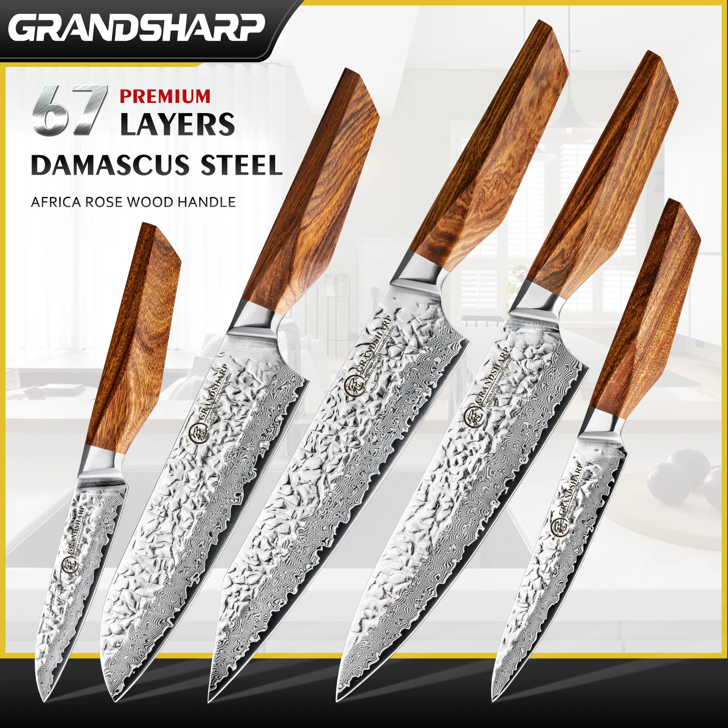 Набор кухонных ножей Grandsharp Damascus, 1-5 шт., 67 слоев, стальная деревянная ручка AUS-10, твердость 60 ± 2 HRC, острые режущие инструменты
Набор кухонных ножей Grandsharp Damascus, 1-5 шт., 67 слоев, стальная деревянная ручка AUS-10, твердость 60 ± 2 HRC, острые режущие инструменты