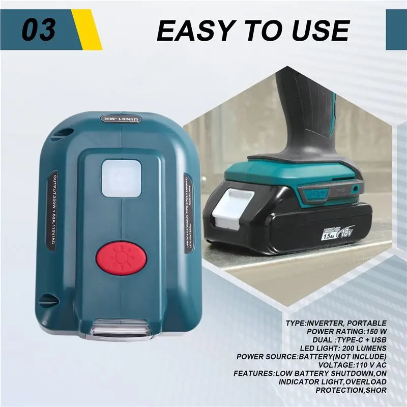 A93E-Power Supply Inverter 150W Portable For 18V Lithium- Battery EU Plug
A93E-Power Supply Inverter 150W Portable For 18V Lithium- Battery EU Plug