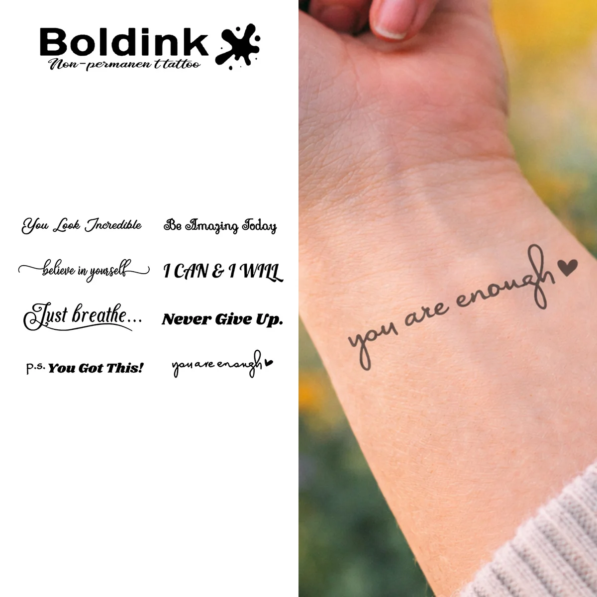 BOLDINK Line English Moisturizing Tattoo Sticker Unisex Fashion Design Easy Apply Waterproof Lasts 1-2 Week
BOLDINK Line English Moisturizing Tattoo Sticker Unisex Fashion Design Easy Apply Waterproof Lasts 1-2 Week