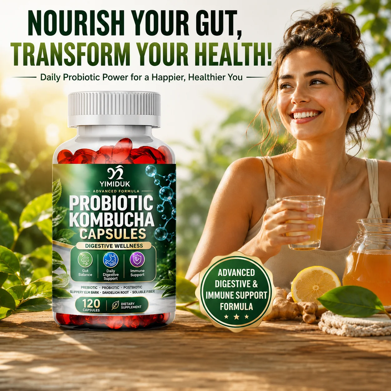 Probiotic Kombucha Supplement, with Prebiotics, Probiotics, Slippery Elm, for Bloating, Digestive Comfort, Support Gut Health
Probiotic Kombucha Supplement, with Prebiotics, Probiotics, Slippery Elm, for Bloating, Digestive Comfort, Support Gut Health