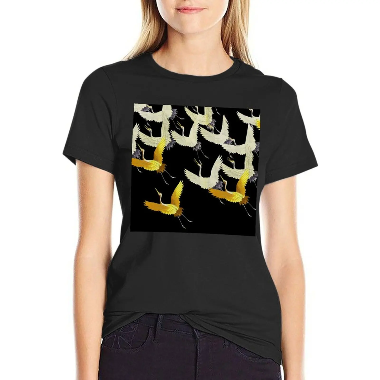 GOLD YELLOW WHITE FLYING CRANES IN BLACK Japanese Pattern T-Shirt plus sizes sports fans kawaii clothes t shirts for Womens
GOLD YELLOW WHITE FLYING CRANES IN BLACK Japanese Pattern T-Shirt plus sizes sports fans kawaii clothes t shirts for Womens