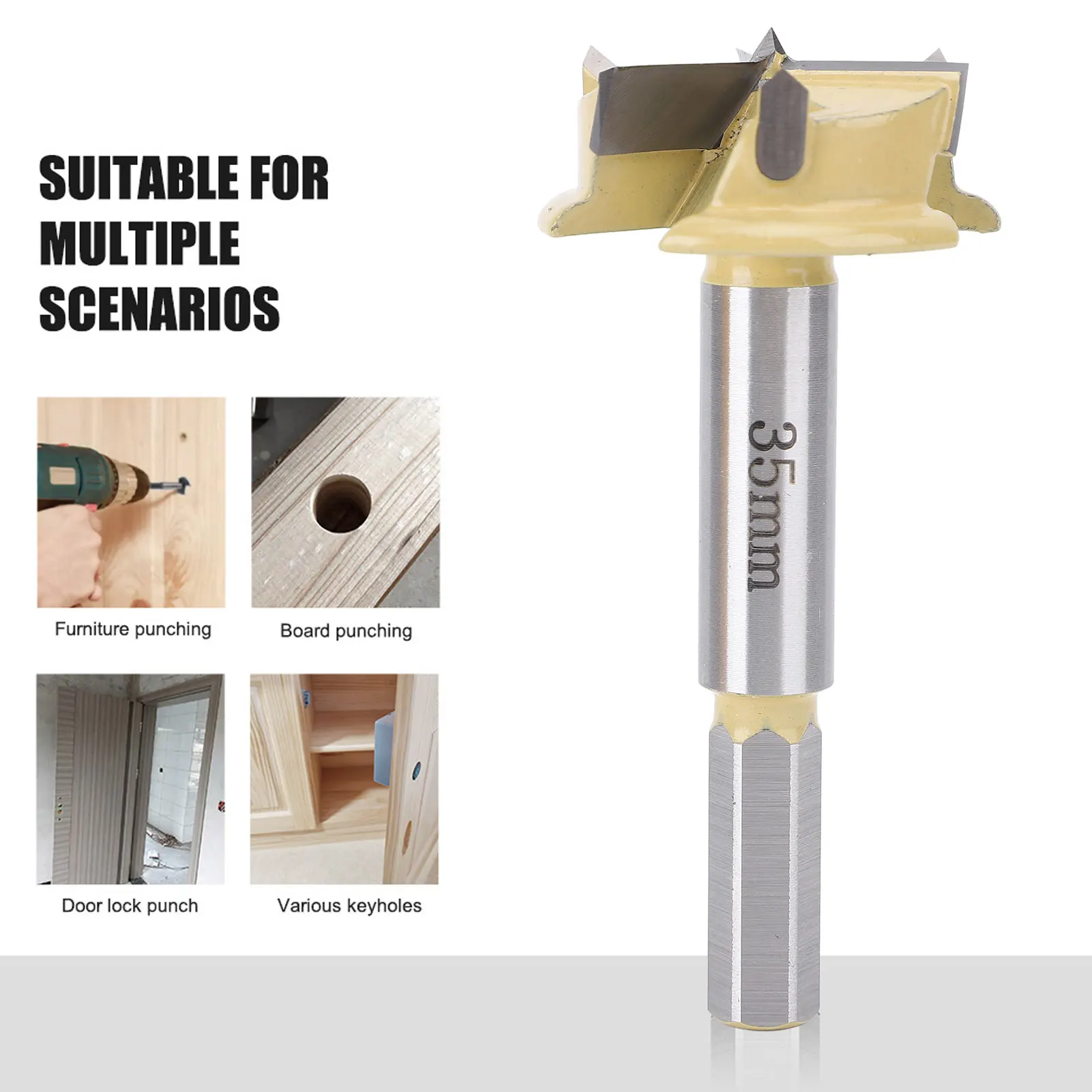 35mm Hinge Hole Cutter 35mm Hinge Boring Bit 9mm Hex Shank 10mm Drilling Depth 3 Flute Hinge Hole Cutter for Woodworking 
35mm Hinge Hole Cutter 35mm Hinge Boring Bit 9mm Hex Shank 10mm Drilling Depth 3 Flute Hinge Hole Cutter for Woodworking