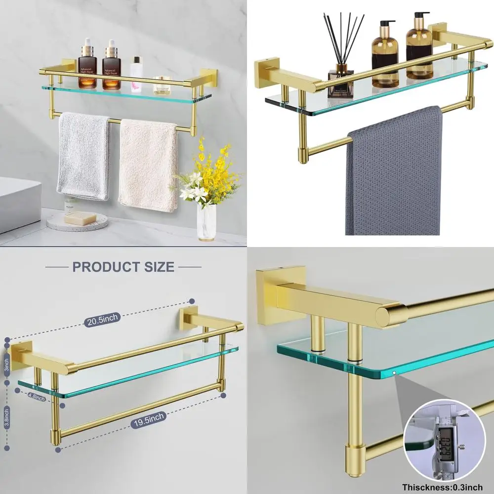 20-дюймовая настенная полка из закаленного стекла с вешалкой для полотенец из матовой золотой нержавеющей стали
20-дюймовая настенная полка из закаленного стекла с вешалкой для полотенец из матовой золотой нержавеющей стали