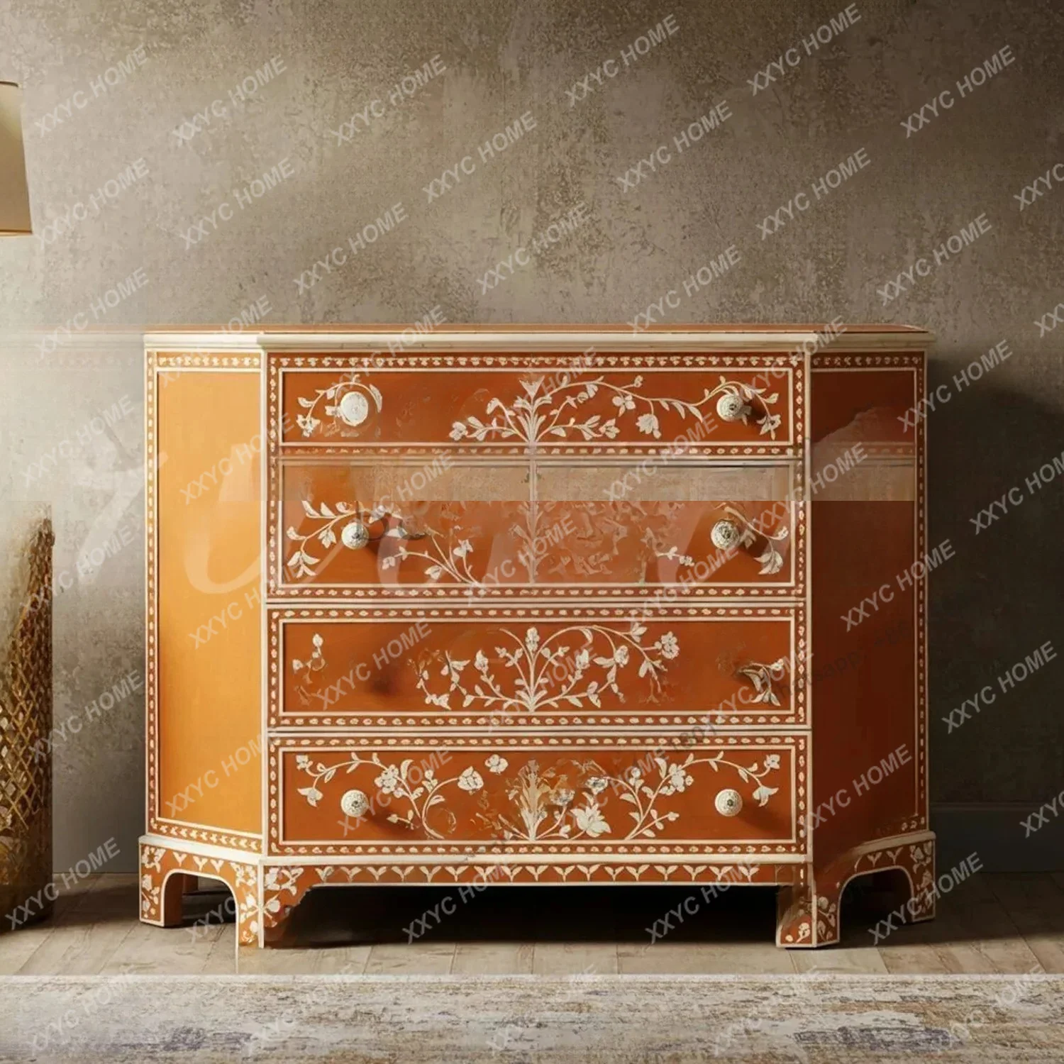 A antique painted chest cabinet, storage next to the sofa in the American simple solid wood cabinet at end of bed
A antique painted chest cabinet, storage next to the sofa in the American simple solid wood cabinet at end of bed