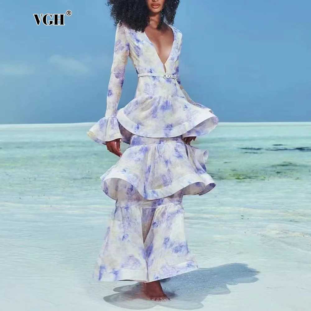 VGH Hit Color Printing Evening Slim Dress for Women Deep Neck Flare Sleeve High Waist Tiered Long Dresses Female Fashion Clothes
VGH Hit Color Printing Evening Slim Dress for Women Deep Neck Flare Sleeve High Waist Tiered Long Dresses Female Fashion Clothes