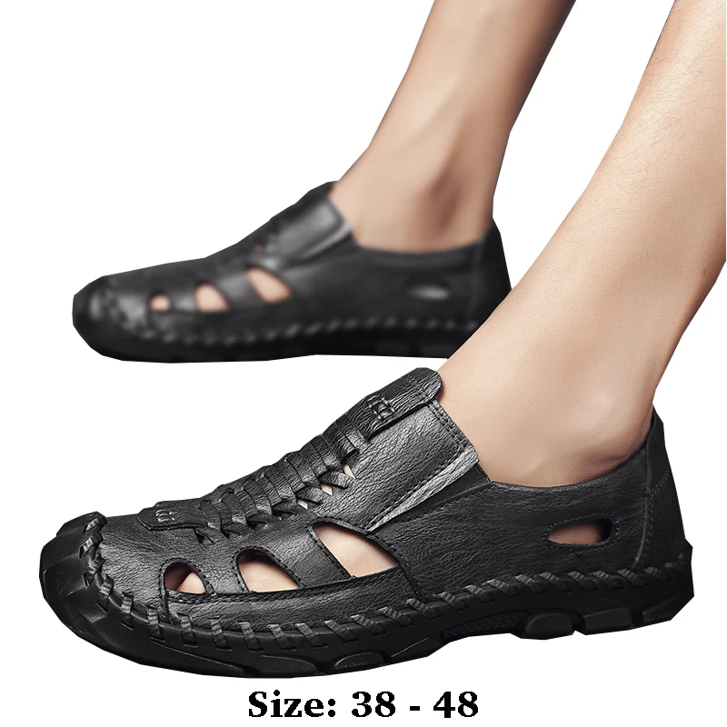 High quality leather flat sandals for men round toes new summer 2025 size 38 48 casual outdoor walking big size shoe grey brown 
High quality leather flat sandals for men round toes new summer 2025 size 38 48 casual outdoor walking big size shoe grey brown