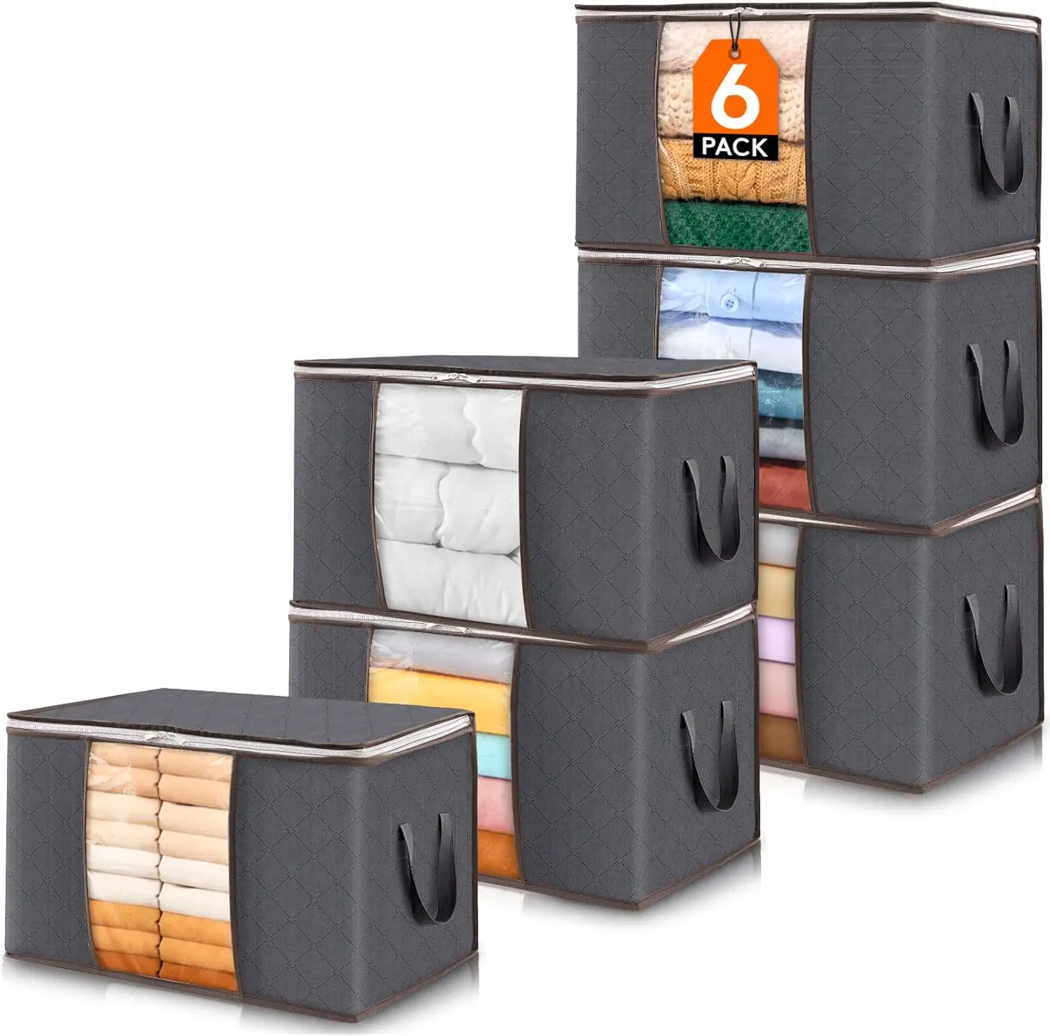 6-Pack Foldable Clothes Storage Bins with Lids, Clear Windows, Zippers and Handles for Clothing and Bedding Organization
6-Pack Foldable Clothes Storage Bins with Lids, Clear Windows, Zippers and Handles for Clothing and Bedding Organization