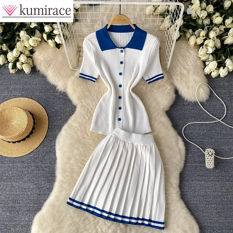 Summer Contrasting Polo Collar Short Sleeved Shirt Top+high Waist Slimming Pleated Skirt Two-piece Set Women Two Piece Outfits
Summer Contrasting Polo Collar Short Sleeved Shirt Top+high Waist Slimming Pleated Skirt Two-piece Set Women Two Piece Outfits
