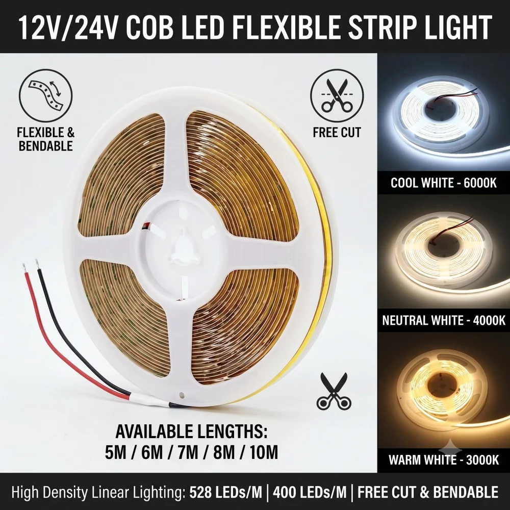 12V 24V LED COB Free Cut Strip 5m 6m 7m 8m 10m 528/400 LEDs Flexible Light Tape 3000K 4000K 6000K Bright Linear Lighting
12V 24V LED COB Free Cut Strip 5m 6m 7m 8m 10m 528/400 LEDs Flexible Light Tape 3000K 4000K 6000K Bright Linear Lighting