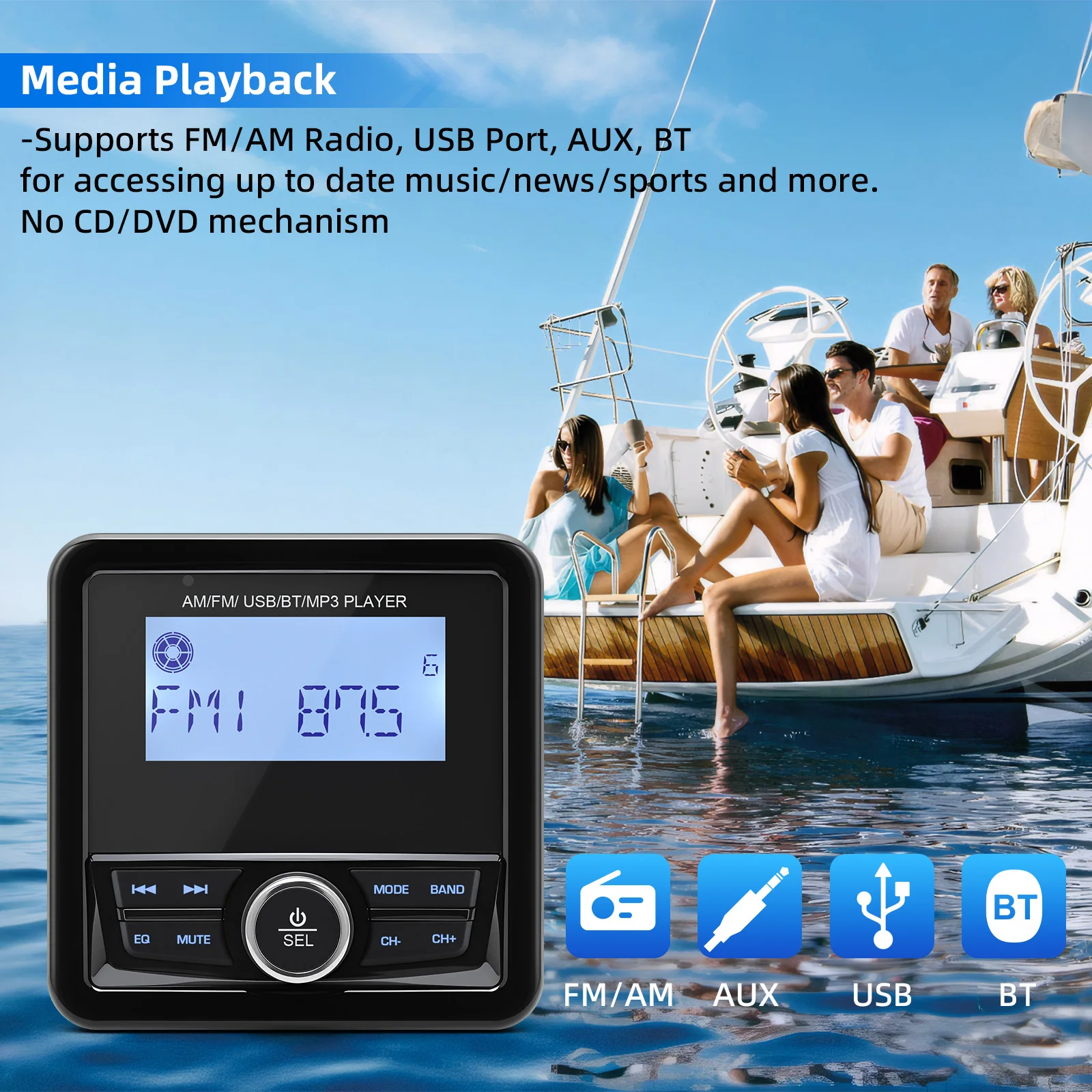 Морской радио, лодка, стерео, водонепроницаемый MP3-плеер, FM AM-приемник, Bluetooth-совместимый медиа-аудиоплеер для яхты, квадроцикла, UTV, двигателя
Морской радио, лодка, стерео, водонепроницаемый MP3-плеер, FM AM-приемник, Bluetooth-совместимый медиа-аудиоплеер для яхты, квадроцикла, UTV, двигателя