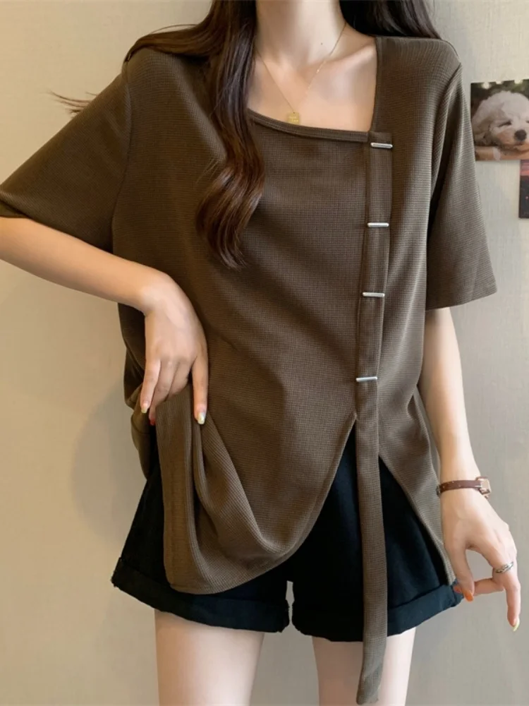 Summer Women's Short Sleeve T-Shirt Asymmetrical Slit Base Shirt plus Size Slimming Design Square Collar Korean Style Top
Summer Women's Short Sleeve T-Shirt Asymmetrical Slit Base Shirt plus Size Slimming Design Square Collar Korean Style Top