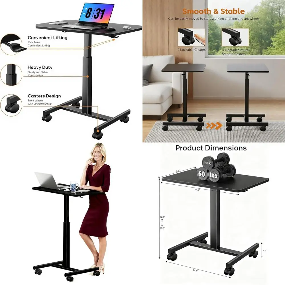 Компактный регулируемый по высоте стол на колесиках с фиксируемыми колесами и крючком для использования в домашнем офисе
Компактный регулируемый по высоте стол на колесиках с фиксируемыми колесами и крючком для использования в домашнем офисе