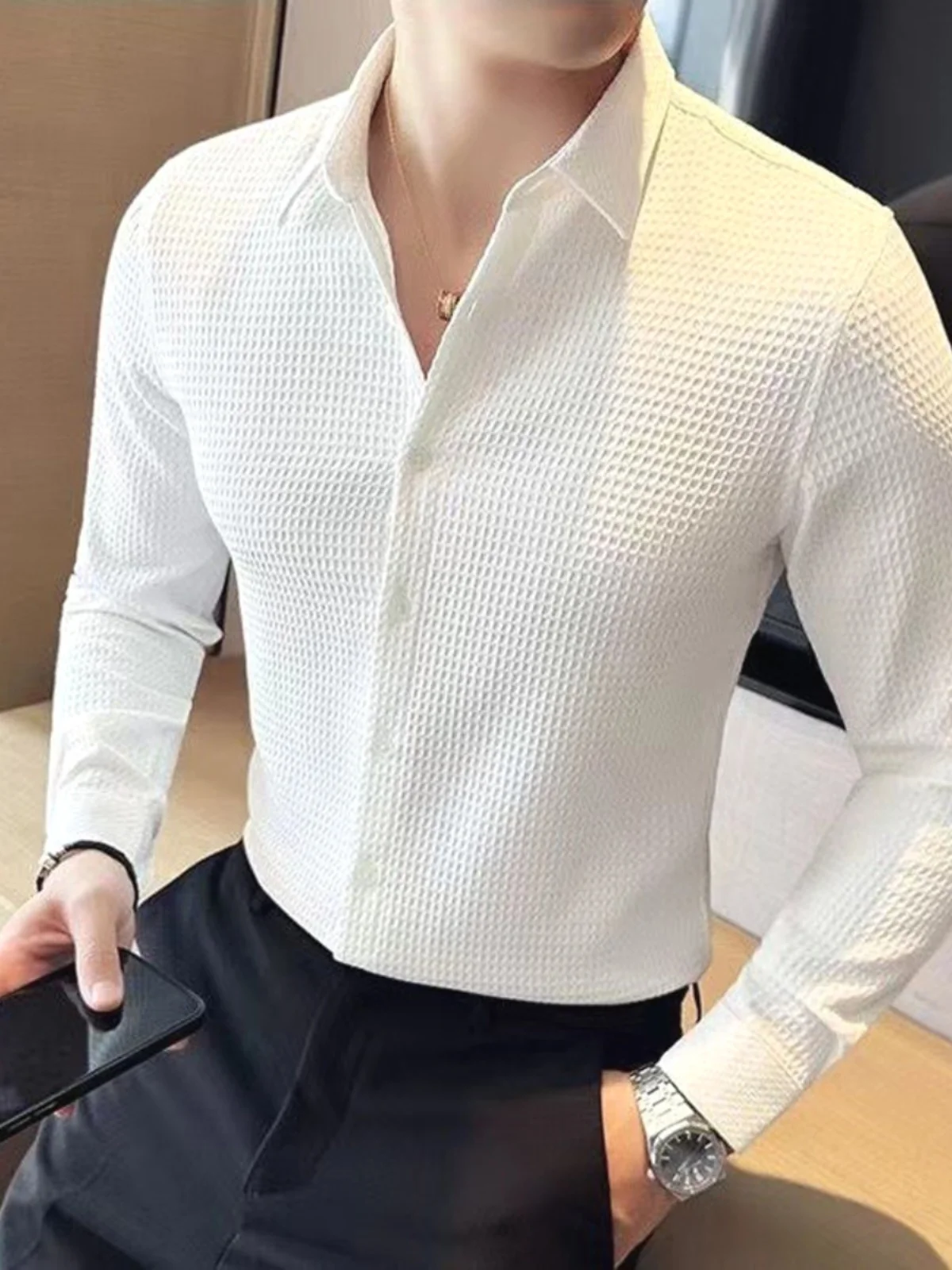 Slim Fit Long Sleeve White Shirt for Men Casual Workwear Waffle Texture Youthful Style Iron-Free Treatment Pure Color
Slim Fit Long Sleeve White Shirt for Men Casual Workwear Waffle Texture Youthful Style Iron-Free Treatment Pure Color