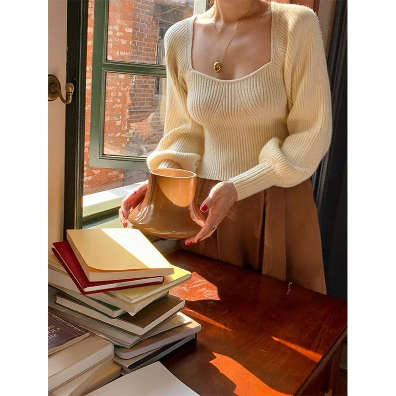 Vintage Square Neck Sweater Women Elegant Solid Knitted Pullovers Korean Slim Knitwear Streetwear All Match Jumper Tops E7221
Vintage Square Neck Sweater Women Elegant Solid Knitted Pullovers Korean Slim Knitwear Streetwear All Match Jumper Tops E7221