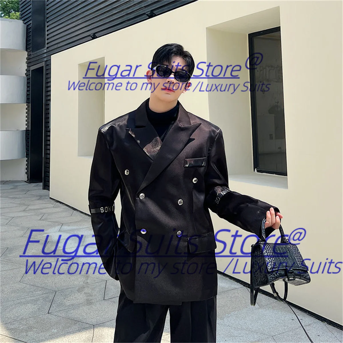 Black Futuristic Metallic Color-Changing Fabric Men Suits Slim Fit Peak Lapel Double-breasted Prom 2Pieces Sets Trajes De Hombre
Black Futuristic Metallic Color-Changing Fabric Men Suits Slim Fit Peak Lapel Double-breasted Prom 2Pieces Sets Trajes De Hombre