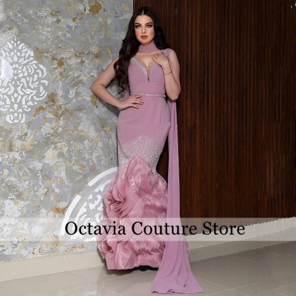 Luxury Dusty Pink Mermaid Evening Dress V Neck Sleeveless Ruffles Organza Skirt Floor Length Saudi Arab Prom Gown فستان وردي
Luxury Dusty Pink Mermaid Evening Dress V Neck Sleeveless Ruffles Organza Skirt Floor Length Saudi Arab Prom Gown فستان وردي
