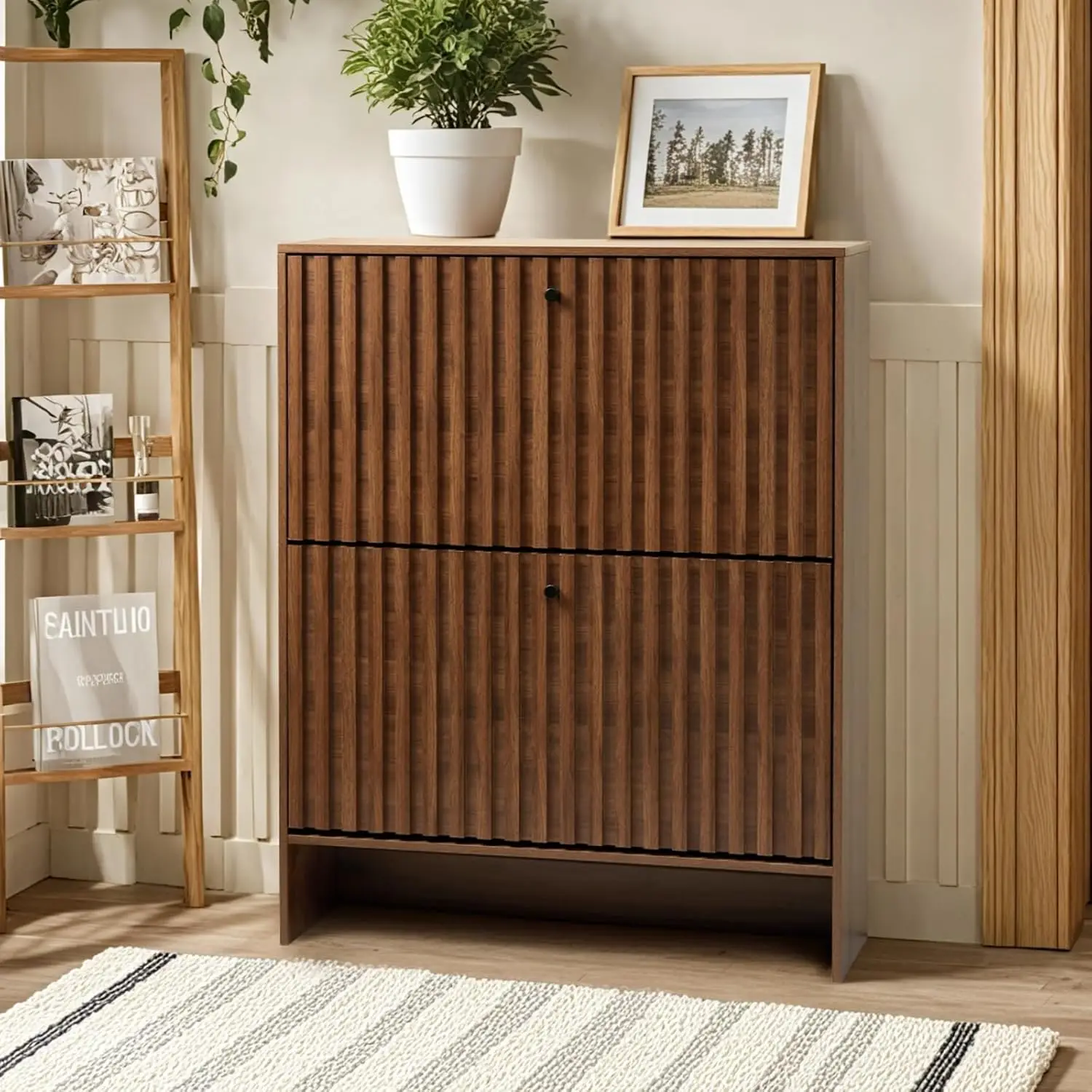 31.5''W Walnut Shoe Storage Cabinet 2 Flip Drawers Fluted Slim Free Standing Wooden Organizer Entryway Hallway, Customized
31.5''W Walnut Shoe Storage Cabinet 2 Flip Drawers Fluted Slim Free Standing Wooden Organizer Entryway Hallway, Customized