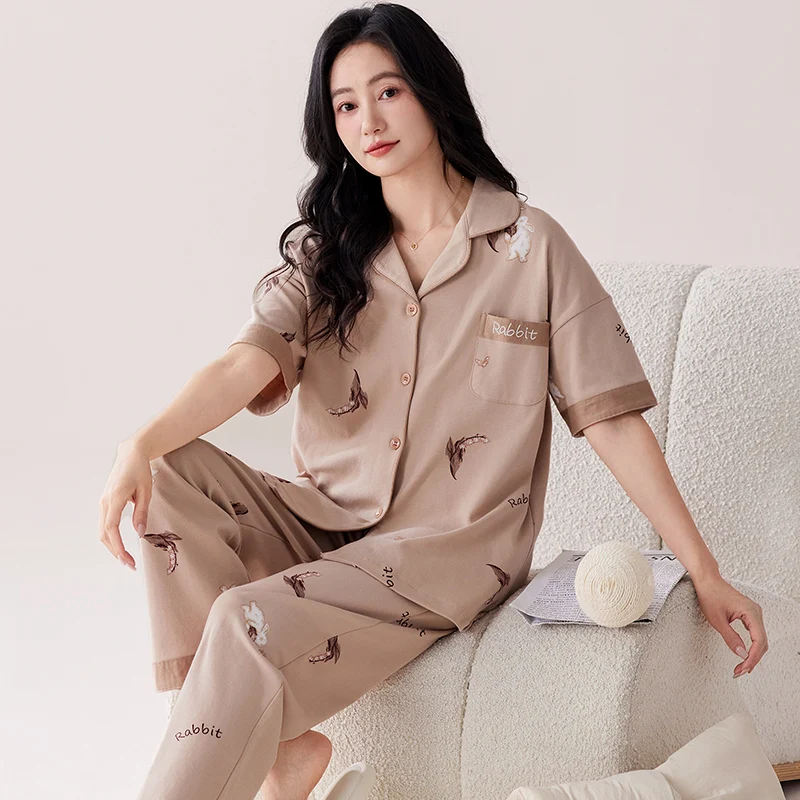 Summer 100%Cotton Women Pajama Sets Short Sleeve Turn-down Collar Female Sleepwear Suits Knitted Cotton Femme Homewear Nightwear
Summer 100%Cotton Women Pajama Sets Short Sleeve Turn-down Collar Female Sleepwear Suits Knitted Cotton Femme Homewear Nightwear