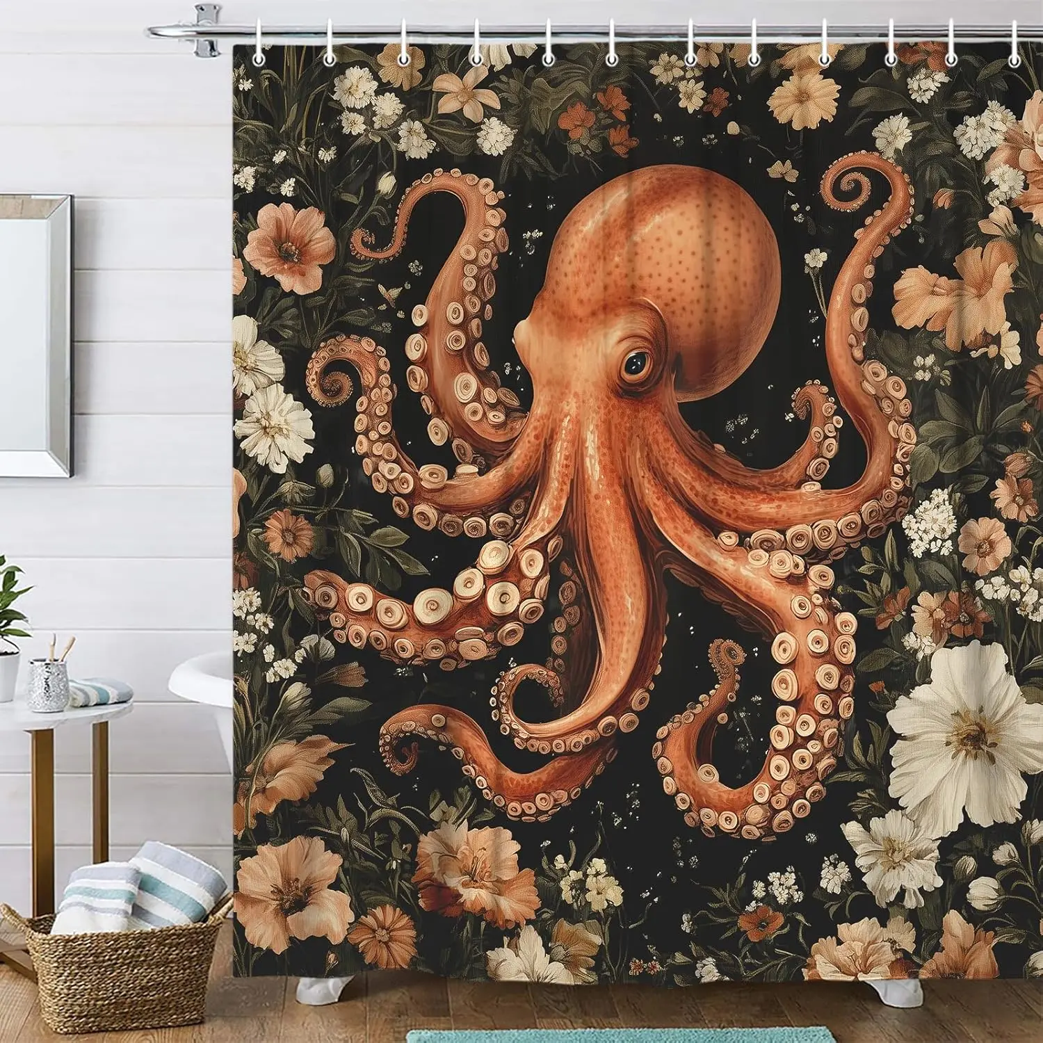 Octopus and Floral Shower Curtain with Vintage Botanical Print for Nautical Bathroom Decor
Octopus and Floral Shower Curtain with Vintage Botanical Print for Nautical Bathroom Decor