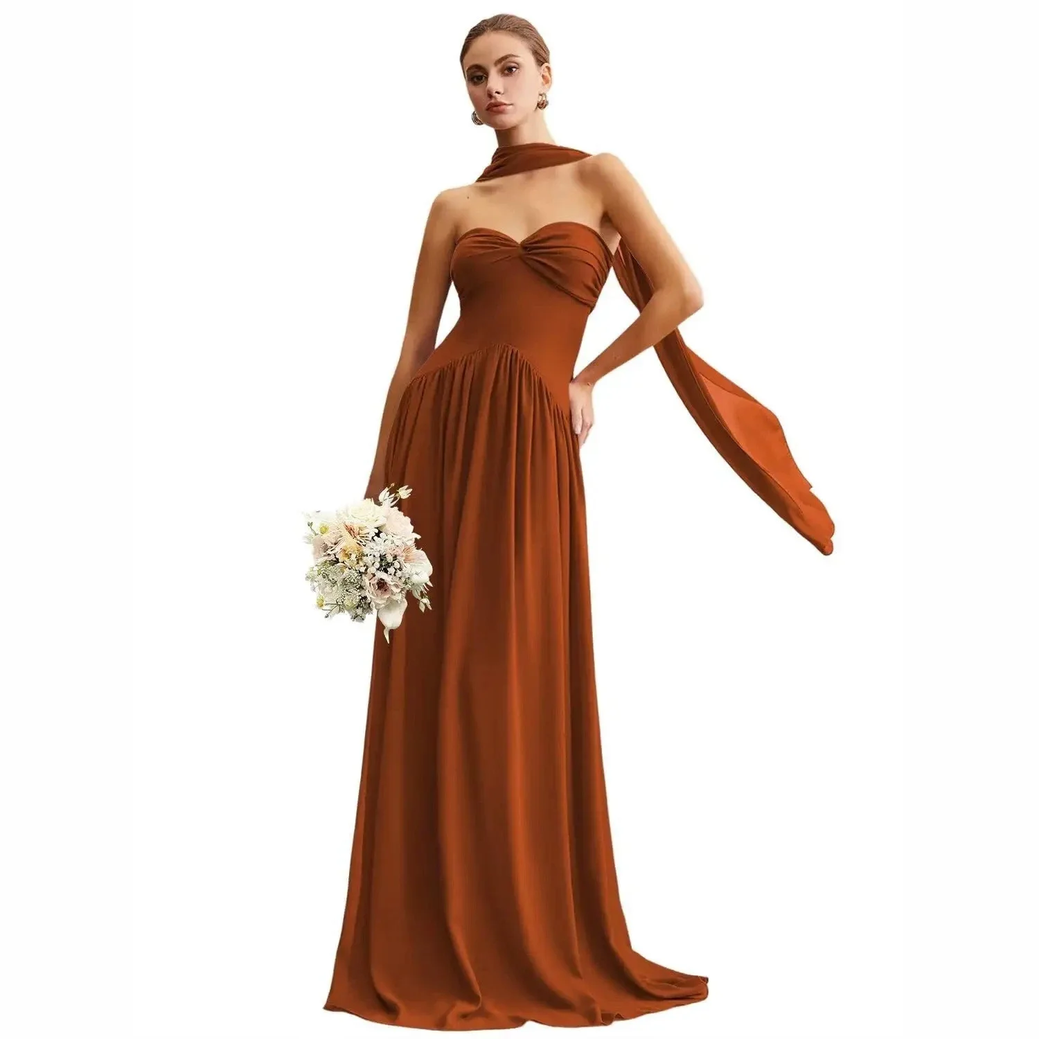 Terracotta Off Shoulder Chiffon Floor Length Gown Women Sweetheart Twist Bust With Wrap Scarf Wedding Prom EveningDresses
Terracotta Off Shoulder Chiffon Floor Length Gown Women Sweetheart Twist Bust With Wrap Scarf Wedding Prom EveningDresses
