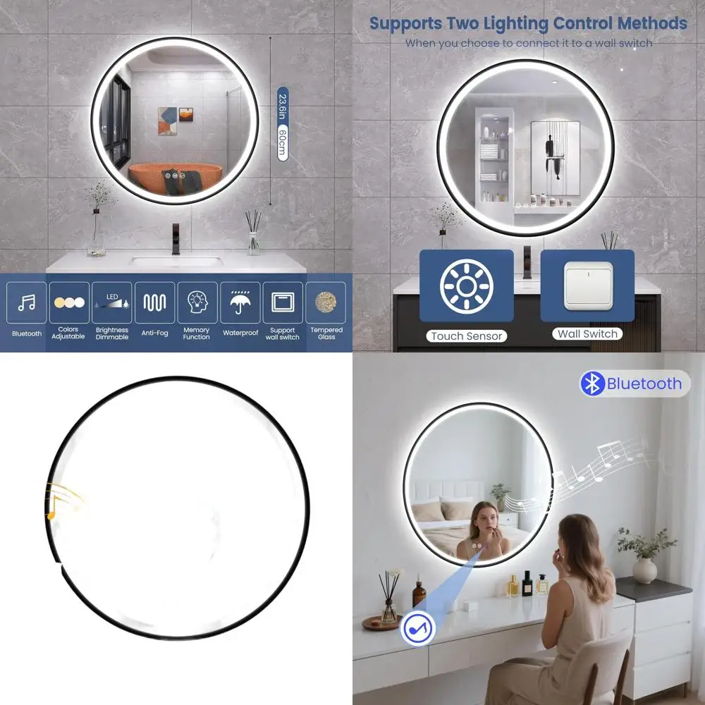 24 круглых безрамных светодиодных зеркала для ванной комнаты с подсветкой, Bluetooth-динамик, противотуманная, 3-цветная температура, яркость с регулируемой яркостью, вода
24 круглых безрамных светодиодных зеркала для ванной комнаты с подсветкой, Bluetooth-динамик, противотуманная, 3-цветная температура, яркость с регулируемой яркостью, вода