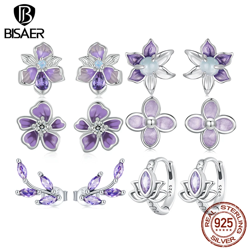 BISAER 100% 925 Sterling Silver Purple Flower Stud Earrings Zircon Lotus Leaves Enamel Stud Ear For Women Party Fine Jewelry
BISAER 100% 925 Sterling Silver Purple Flower Stud Earrings Zircon Lotus Leaves Enamel Stud Ear For Women Party Fine Jewelry