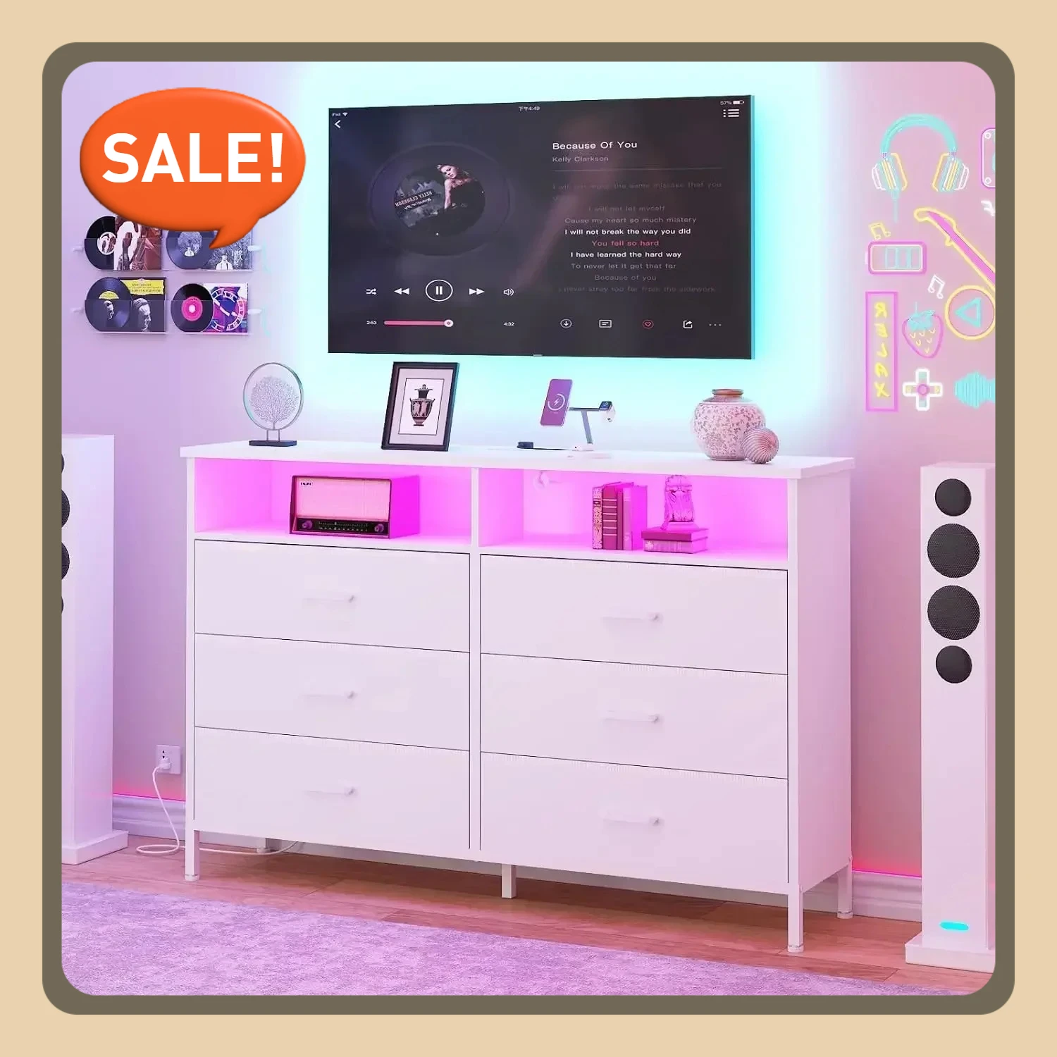 Dresser for bedroom with LED Lights, Tall Wide Fabric Chest, 6 Long Drawers Dresser, White Bedroom Dresser Charging Station 
Dresser for bedroom with LED Lights, Tall Wide Fabric Chest, 6 Long Drawers Dresser, White Bedroom Dresser Charging Station