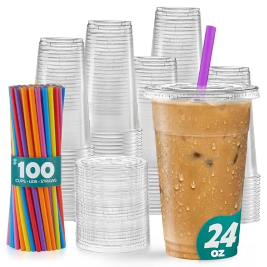 100 Count Clear Cups with Flat Lids Straws - Disposable Clear Drinking Cups for Iced Coffee, Cold Drinks, Milkshakes, and Smoot
100 Count Clear Cups with Flat Lids Straws - Disposable Clear Drinking Cups for Iced Coffee, Cold Drinks, Milkshakes, and Smoot
