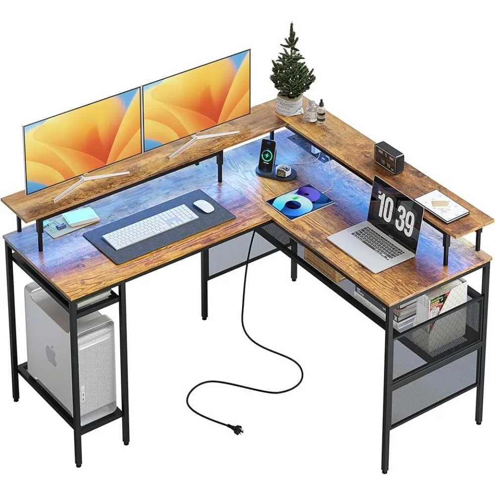 Shaped Gaming Desk With Power Outlets & LED Lights Computer Desk With Monitor Stand & Storage Shelves Brown Office Furniture
Shaped Gaming Desk With Power Outlets & LED Lights Computer Desk With Monitor Stand & Storage Shelves Brown Office Furniture