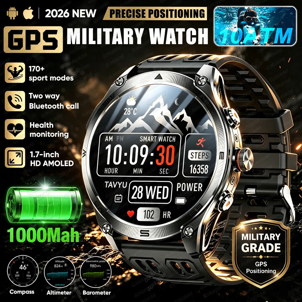 New 1000mAh Battery GPS Military Watch Dual Band GPS Waterproof 10ATM Compass Altimeter Bluetooth Call Sports Fitness Smartwatch
New 1000mAh Battery GPS Military Watch Dual Band GPS Waterproof 10ATM Compass Altimeter Bluetooth Call Sports Fitness Smartwatch