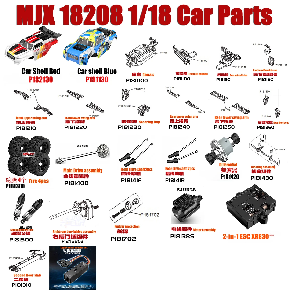 Оригинальные заводские запчасти для радиоуправляемой машины MJX 18208 1/18: мотор, ESC, пульт управления, модернизированный сервопривод, приводной вал, кузов, дифференциал, рычаги подвески.
Оригинальные заводские запчасти для радиоуправляемой машины MJX 18208 1/18: мотор, ESC, пульт управления, модернизированный сервопривод, приводной вал, кузов, дифференциал, рычаги подвески.