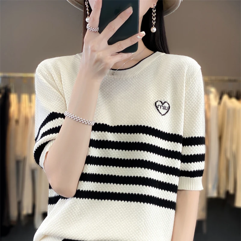Summer New 100% Pure Cotton Women's Sweater Short sleeved O-neck Pullover T-shirt Casual Knitted Korean Fashion Women's Top
Summer New 100% Pure Cotton Women's Sweater Short sleeved O-neck Pullover T-shirt Casual Knitted Korean Fashion Women's Top