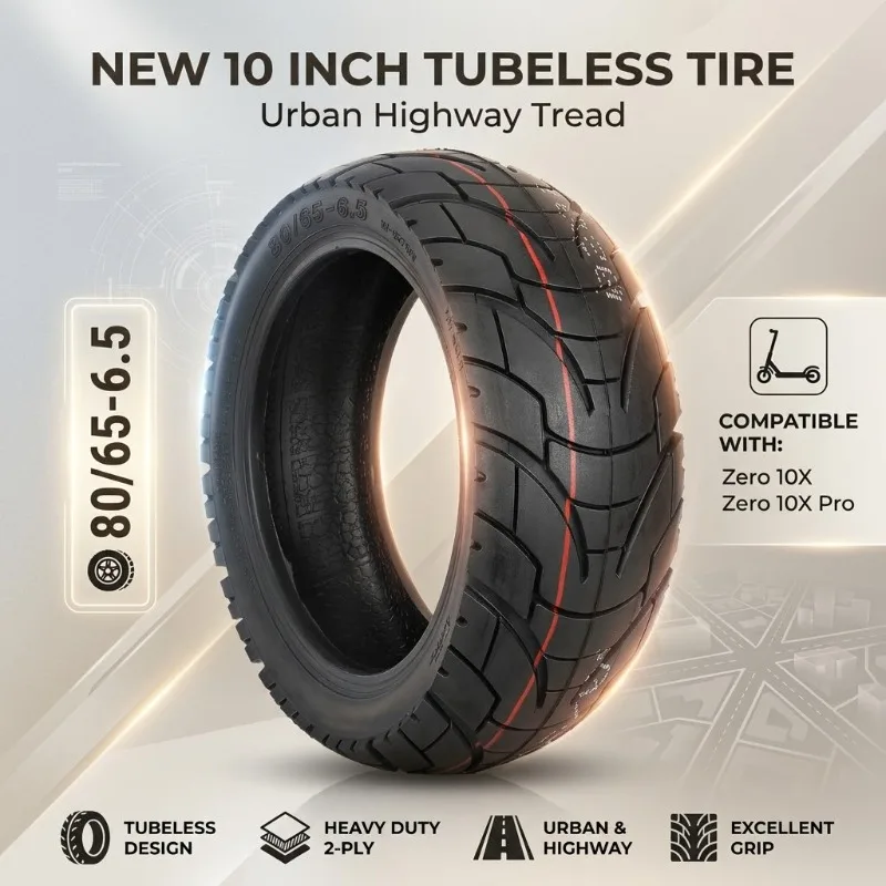 New 10 Inch 80/65-6.5 Tubeless Tire Urban Highway Tread 2-Ply Heavy Duty for Zero 10X Zero 10X Pro Electric Scooter
New 10 Inch 80/65-6.5 Tubeless Tire Urban Highway Tread 2-Ply Heavy Duty for Zero 10X Zero 10X Pro Electric Scooter