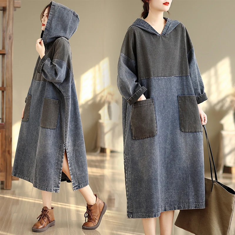 Retro Distred Denim Dr with Hood Mid-Length Casual Loose Side Slit for Women Autumn Faion Ladies' Gown
Retro Distred Denim Dr with Hood Mid-Length Casual Loose Side Slit for Women Autumn Faion Ladies' Gown
