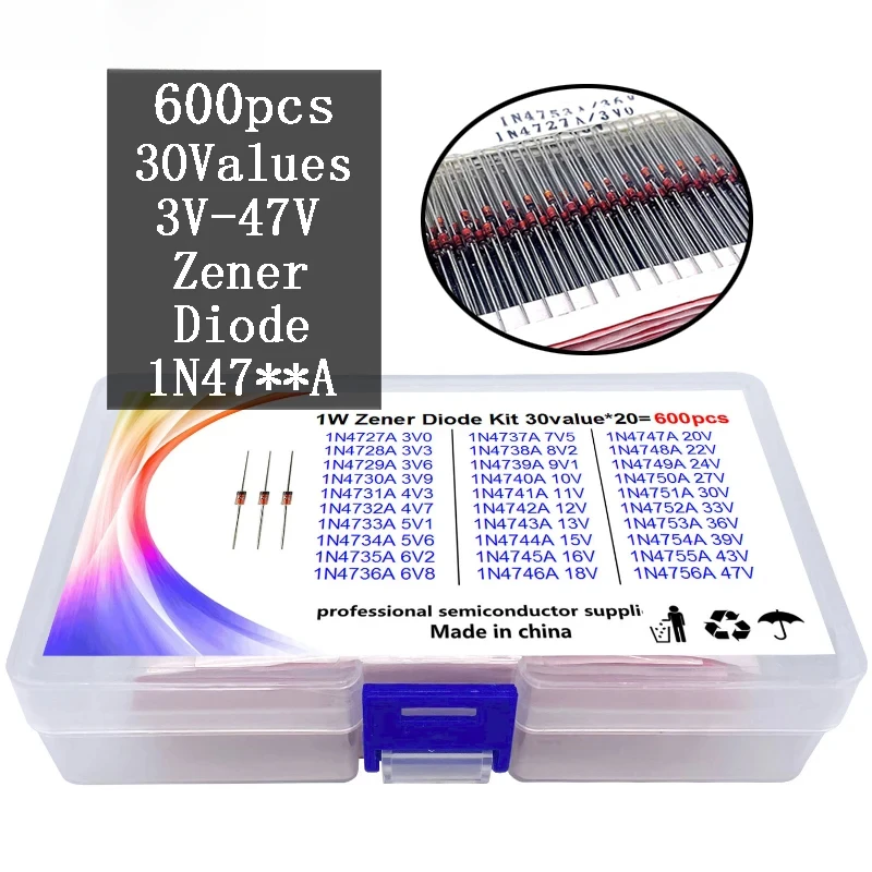 600pcs 3V-47V Diode Kit 1W Zener Voltage Regulator 39V 30V 27V 24V 22V 20V 18V 16V 13V 12V 10V Zener Diode Set 30Values*20pcs
600pcs 3V-47V Diode Kit 1W Zener Voltage Regulator 39V 30V 27V 24V 22V 20V 18V 16V 13V 12V 10V Zener Diode Set 30Values*20pcs
